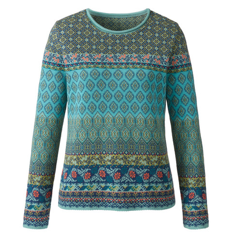 Jacquard-Pullover aus Bio-Merinowolle und Bio-Baumwolle, blautanne gemustert