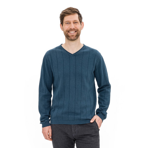 Pullover mit V-Ausschnitt aus Hanf und Bio-Baumwolle, meerblau