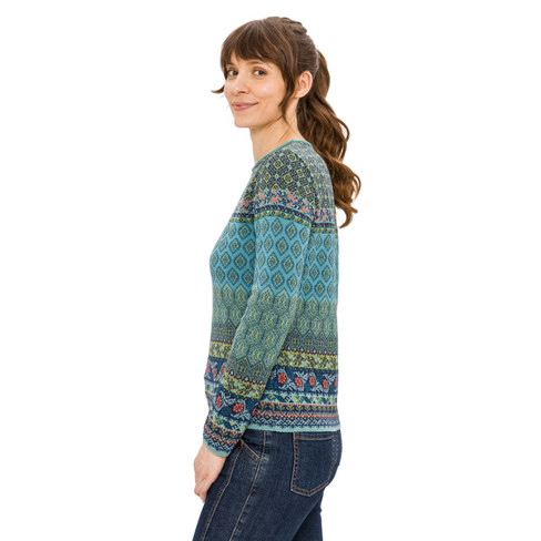 Jacquard-Pullover aus Bio-Merinowolle und Bio-Baumwolle, blautanne gemustert