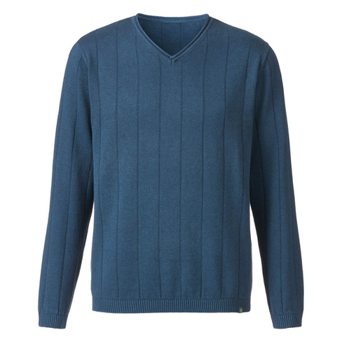 Pullover mit V-Ausschnitt aus Hanf und Bio-Baumwolle, meerblau