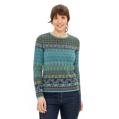 Jacquard-Pullover aus Bio-Merinowolle und Bio-Baumwolle, blautanne gemustert